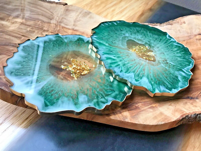 Geoden Untersetzer Epoxidharz - Einzelstück Handmade - Grün Gold - Design Wahl