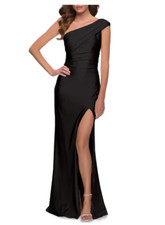 LA FEMME ONE SHOULDER SHINY JERSEY BLACK GOWN DRESS 10