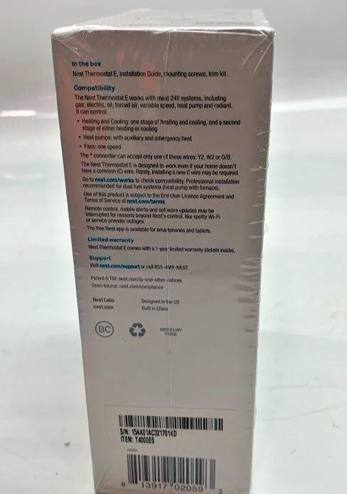 Google Nest Thermostat T4000ES E Smart Thermostat White NEW Sealed - Image 2 of 4