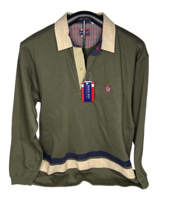 NWT Bugle Boy Corduroy Collar Men s Large Pullover Zip Sweatshirt Olive Tan Blue