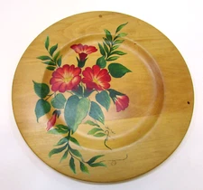 Vintage 1950's Hand Painted Floral Toleware 12" dia Round Wood Wall Plate Tray
