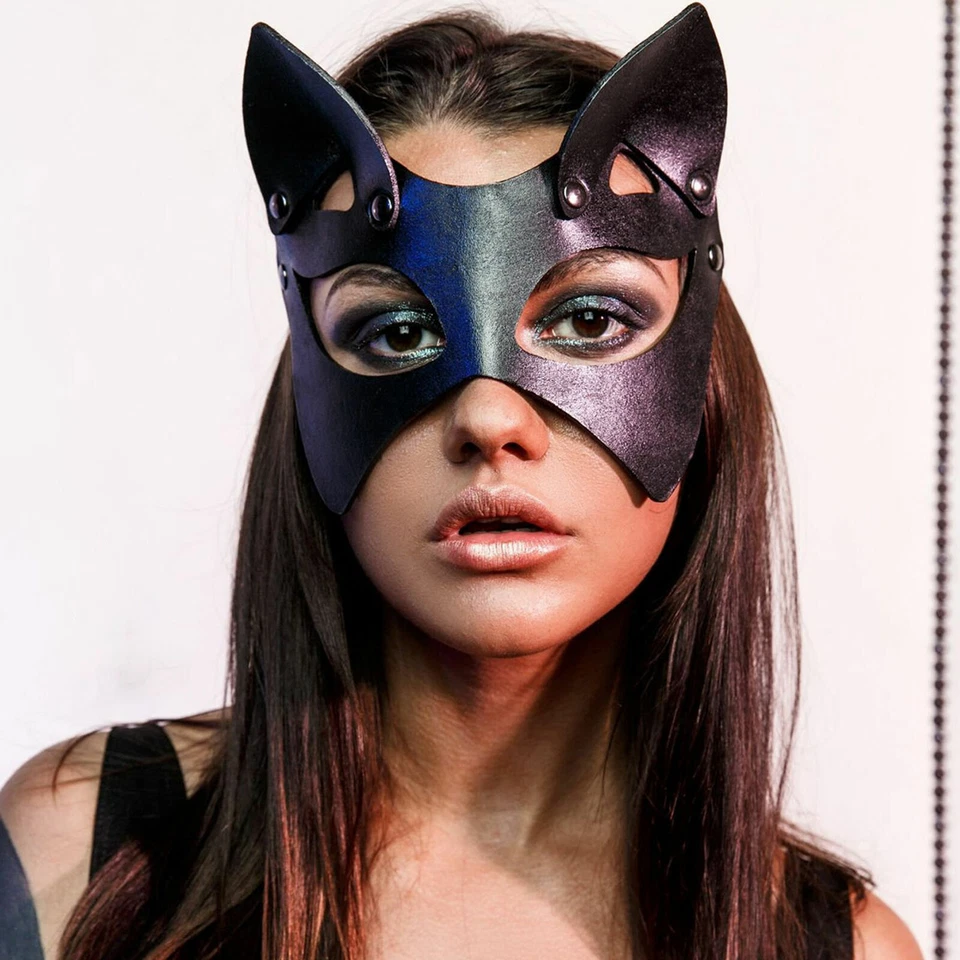 Women Faux Leather Sexy Cat Ears Mask Roleplay Halloween Masquerade Mask Costume - Image 2 of 4