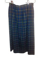 Vtg Pendleton 100 Virgin Wool Pleated Skirt Blue Green Plaid Pockets USA Sz 10