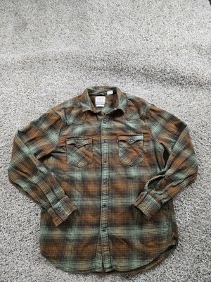Levi's Flannel Shirt Medium Orange Plaid Long Sleeve Snap Front Western Cotton
