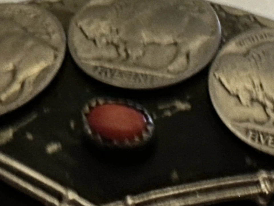 Vintage Sterling NATIVE  AMERICAN Belt Buckle - Buffalo Nickels Turquoise/Coral - Image 2 of 4