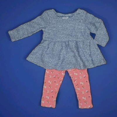 Baby Cat and Jack Blue Tunic Sweater Dress Set with Peach Pink Floral Pants 3-6M