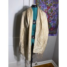 Silk Pashmina Shawl Wrap Beige Gold Paisley Jacquard Fringe Scarf 80" Boho