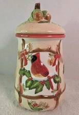 Block Basics Festive Ribbon Cookie Jar Sharron O'Neil 2000 Cardinal Holly Acorn
