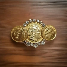 Beautiful Vtg Faux Coins & 14 Rhinestones Goldtone Pin Brooch Unique Estate Find