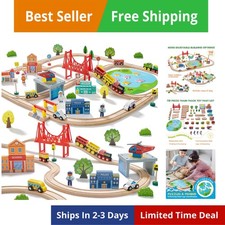 110PCS Wooden Train Set   Toy Train with Tracks for Kids Ages 3-7, Compatible...