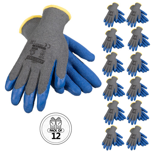 12 Pairs Latex Coated Work Gloves Blue Crinkle Grip Construction Warehouse
