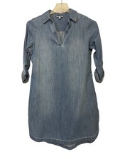 Sonoma Womens Size Small Chambray Shirt Dress Blue Cotton Roll Tab Sleeves