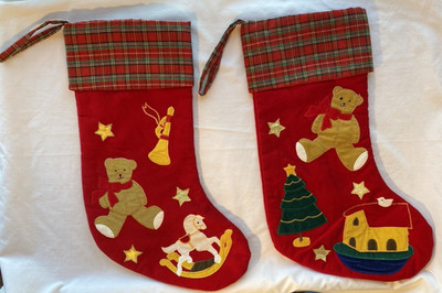 2 VTG 1990s Applique Bears & Toys on Red Velour & Plaid Cuff Christmas Stockings