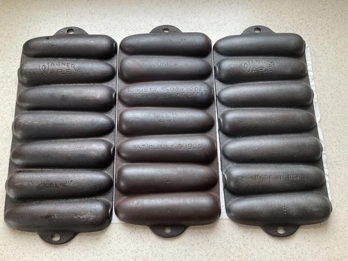 3 VTG Wagner Ware Cast Iron Cornbread Corn Bread Stick Pan Junior Korn Kobs USA