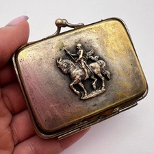 Antiguo monedero de latón chapado en oro con motivo de caballero caballo cerradura de beso regalo vintage