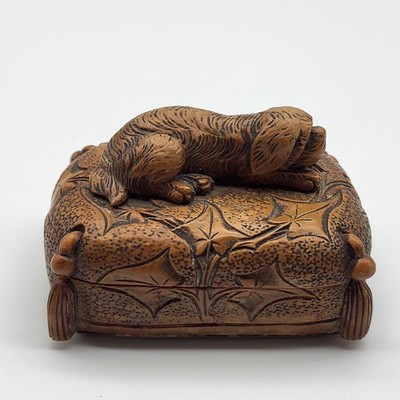 Antique Hand Carved Victorian Stamp Box Dog on Pillow Intricate ornate ivy leaf