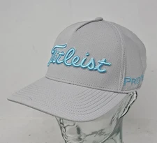 Titleist Pro V1 Golf Hat M/L Gray Blue Script Logo Stretch Fit Antimicrobial Cap