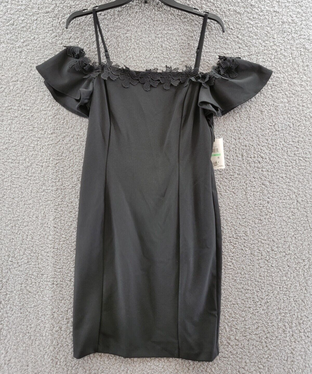 Kensie Crepe Cold Shoulder Cocktail Dress Women's 8 Black Lace Trim Zip Closure~-image