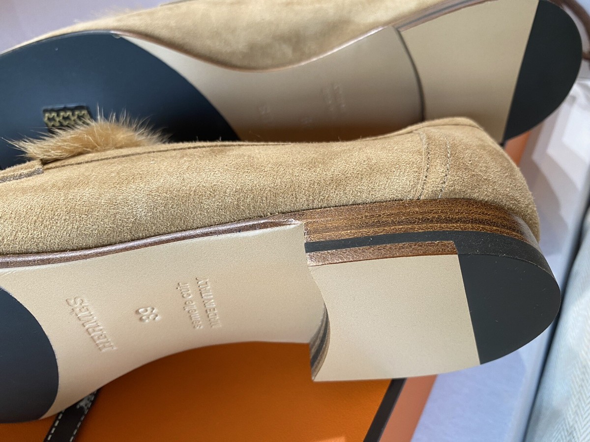 Hermes Loafers Mink Fur Suede Goatskin Paris Brown Gold Hardwear