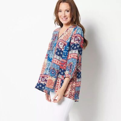 Susan Graver Printed Woven Button-Front Hi-Low Hem Shirt Size Medium