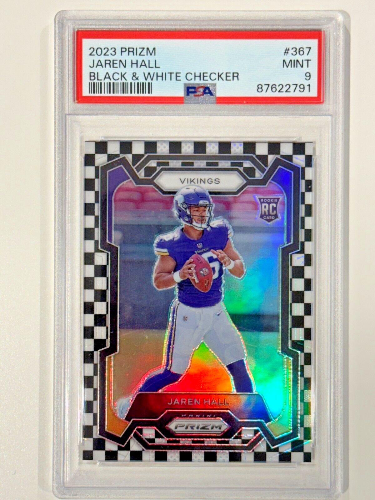2023 Panini Prizm Black and White Checker Jaren Hall RC #367 Vikings PSA 9
