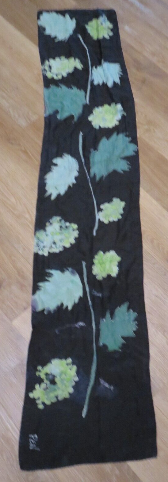 HAND-PAINTED RECTANGULAR SILK SCARF BLACK LEAVES … - image 1