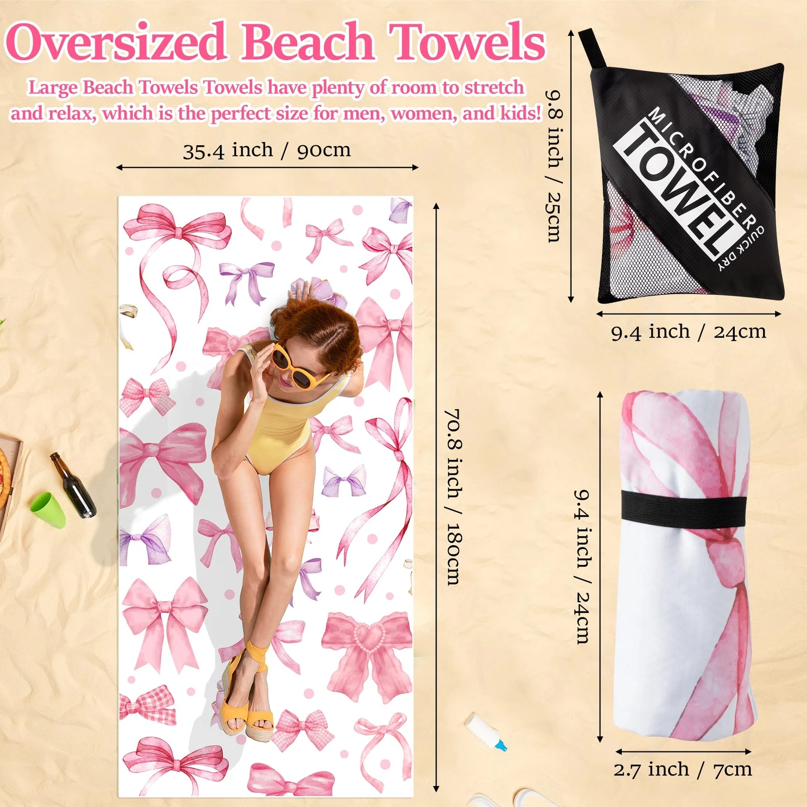 Polka Bow Oversized Beach Towel - Double-Sided Velvet Lightweight Pool Towel ...