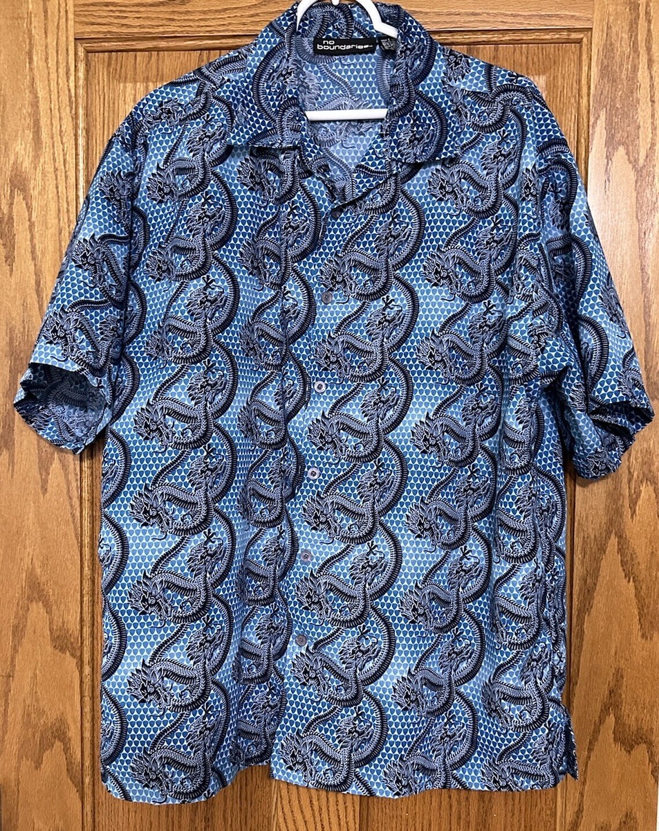 No Boundaries Mens Large Blue Dragon Design Short Sleeve Button Up Shirt