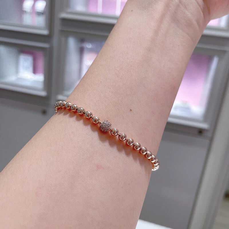 Nuevo brazalete 100 % auténtico de plata de ley 925 con cuentas de rosas y pavé con logotipo de circonita cúbica Foto 2 de 4