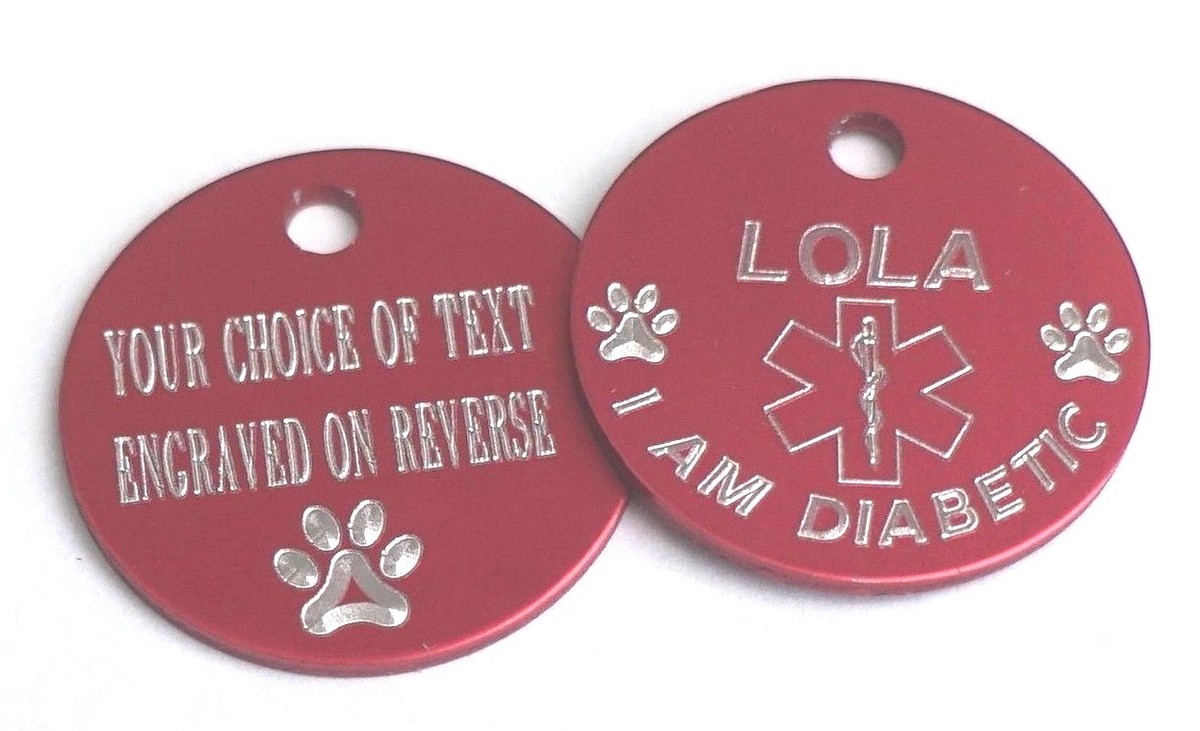 PET MEDICAL ALERT TAG RED 25MM I AM DIABETIC PERSONALISED ON