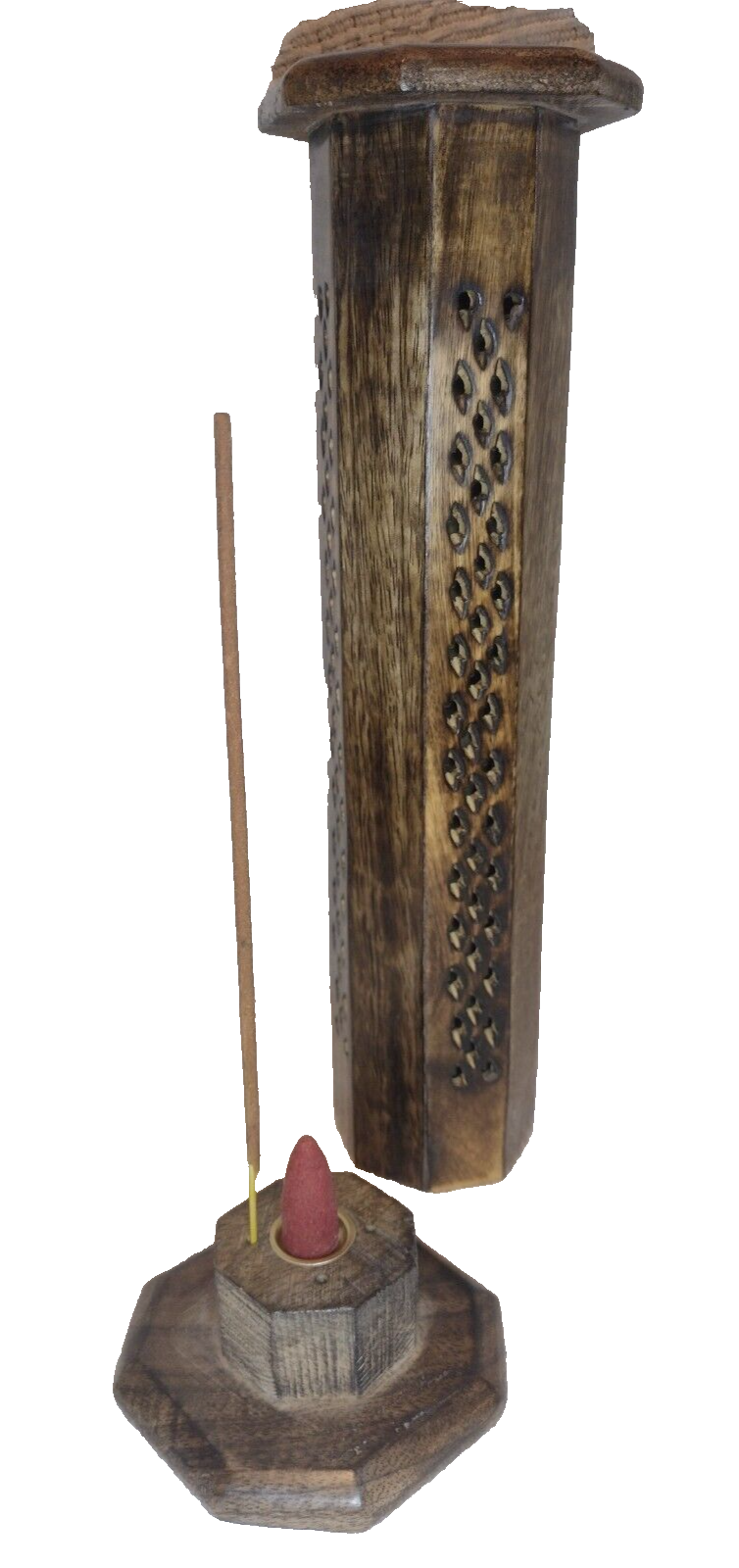 Hexagon Tower Incense Stick & Cone Holder burner smoke joss ash catcher wooden