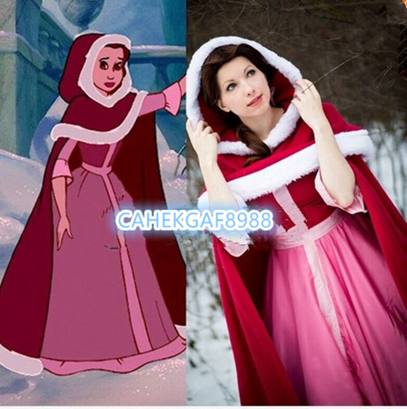 Beauty and The Beast Belle Pink cosplay Custom Halloween costume Cloak +  DressAA | eBay