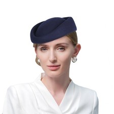 Navy Blue Wool Felt Fascinator Beret Top Hat For Women Derby Party Pillbox Hats
