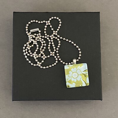 Fused Glass Lime & Turquoise Mod Flower Pendant w/ 24'' Silver Tone Ball Chain
