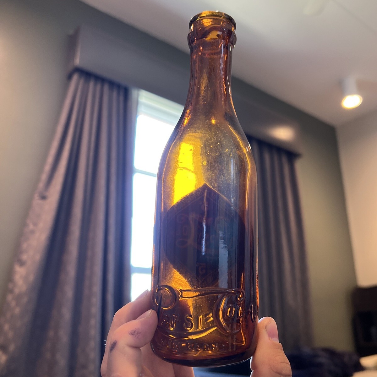 Honey Amber Hand Blown 1973 Repro PEPSI COLA NEW BERN NC bottle