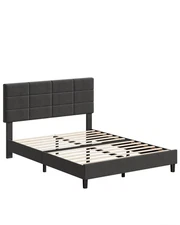 Garvee Full Bed Frame Adjustable Headboard Linen Upholstered Wooden Slats Grey