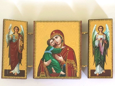The Virgin of Vladimir Archangels Michael and Gabriel Wooden Triptych 4x2 inch