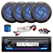 JVC KD-X38MBS Marine BT Receiver, BT Amp w/ Kit, 4X 6.5" 240W LED Speakers,Wire