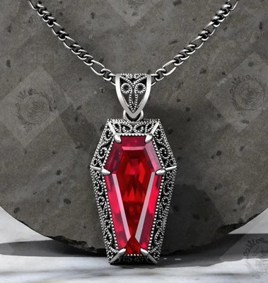 925 Sterling Silver Mens Ruby Coffin Gothic Statement Pendant Necklace