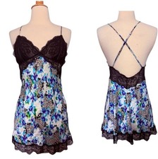 Vintage Victoria  s Secret Silk Chemise Slip Dress Lingerie, Blue Floral Print, S