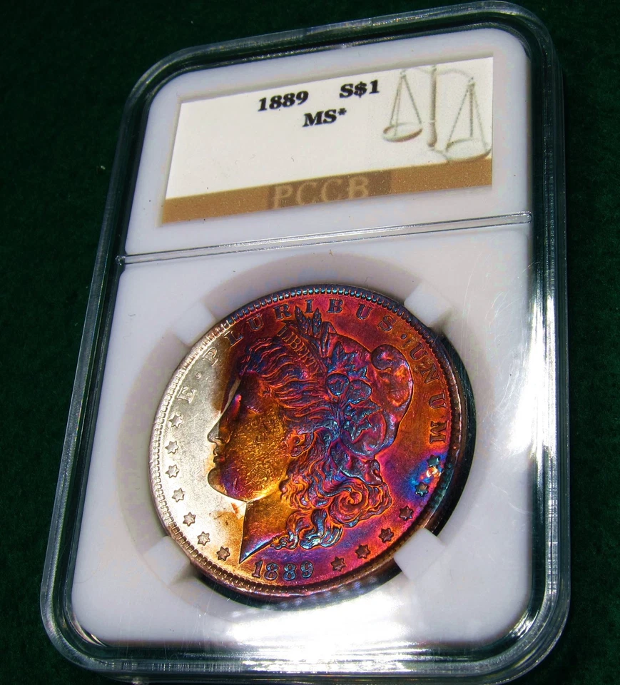 1889 Morgan Dollar Toned Silver ✪ MS ✪ Colorful Rainbow Toning~Gold Magenta Blue - Image 3 of 4