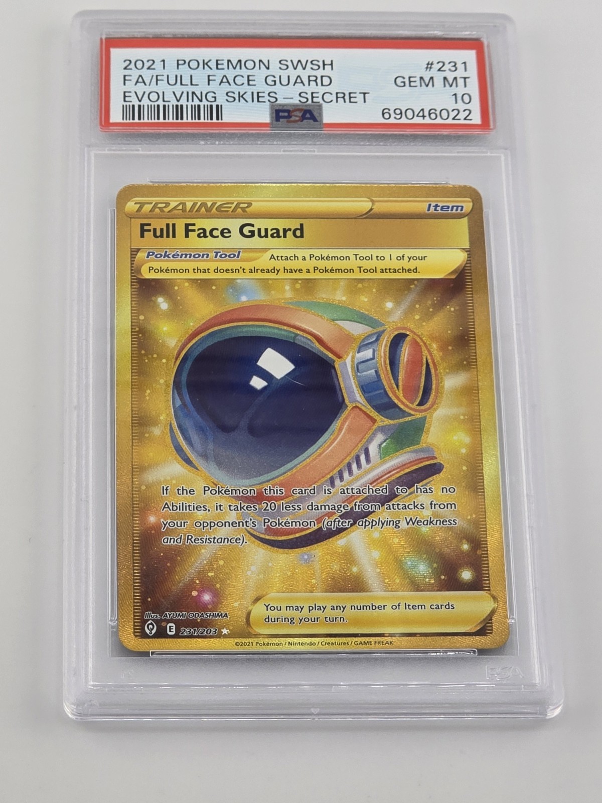 PSA 10 2021 Pokemon Full Face Guard 231/203 Gold Secret Rare Evolving Skies
