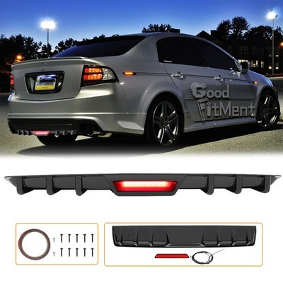 For Acura TL TLX Glossy Rear Bumper Diffuser Spoiler Lip Fins + LED Break Light
