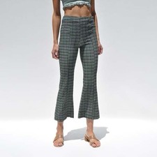 Ganni Stretch Seersucker Full Length Pants Womens Medium 32x29 Green Check $255