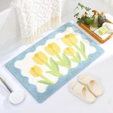Modern Bathroom Rug Cute Flower Bath Mat Super Absorbent Non Slip Blue 23x16