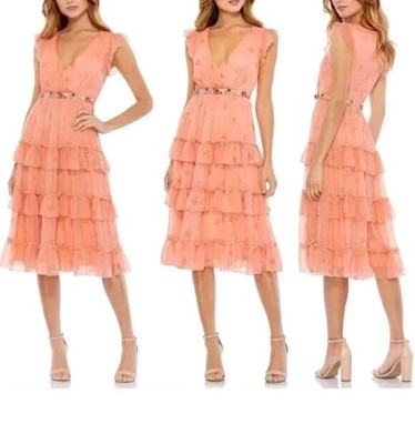 NWT MAC DUGGAL FLORAL PRINT RUFFLE TIERED FAUX WRAP DRESS APRICOT SZ 8 9081