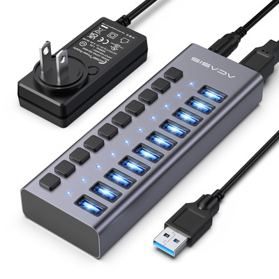 Powered USB Hub,10 Ports USB 3.1 Hub with 10Gbps Data Speed, Individual On/Of...