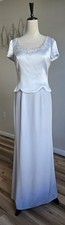 Vtg Y2k Wedding Dress/Mother Bride Silver Satin Beaded Long Lined Sz8 Zip Beaded