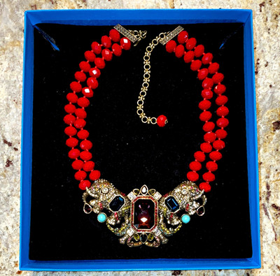 Heidi Daus Red Beaded Statement Elephant Necklace Crystal Gold Tone Signed