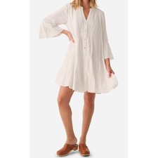 Faherty Kasey Dream Gauze Tiered Organic Cotton Dress White XS Bell Sleeve VNeck